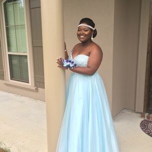 Blue Prom Dress, Ball Gown, Corset Top, Rhinestone Bodice